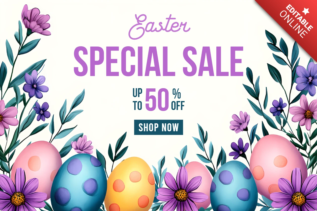 Modèle de vente de Pâques avec des éléments floraux et des œufs colorés