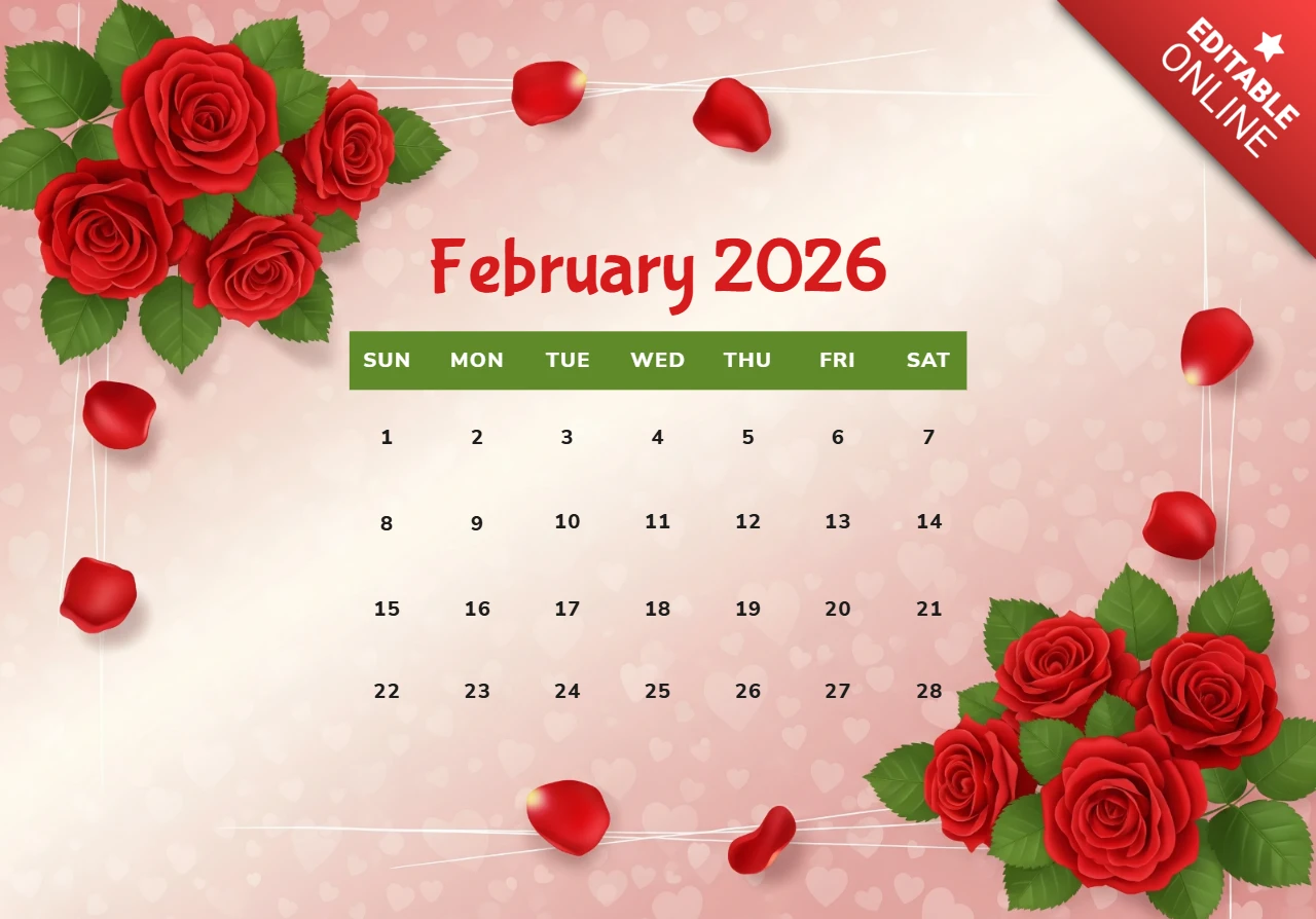 2026年2月のカレンダー、ロマンチックなテーマでバラの花びら、緑の曜日ボックス、柔らかな光。