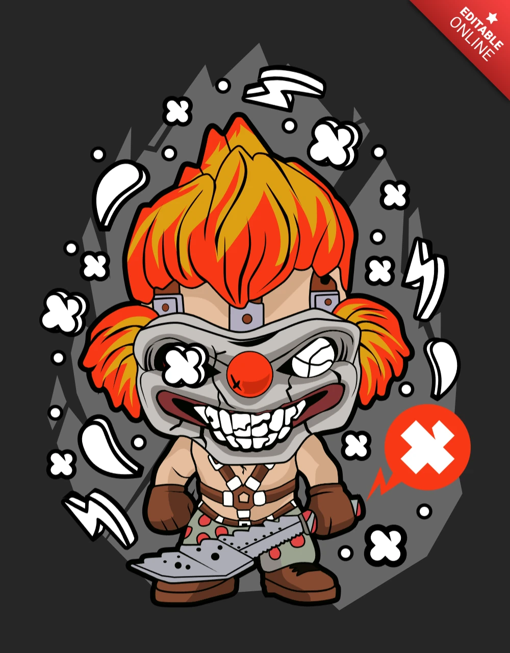 Twisted metal cartoon charakter popkultur t-shirt design vorlage
