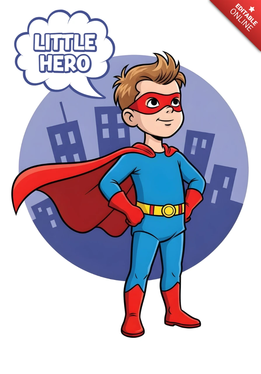 Little Hero Cartoon Superkid in Power Pose with City Silhouette Poster Design Template
