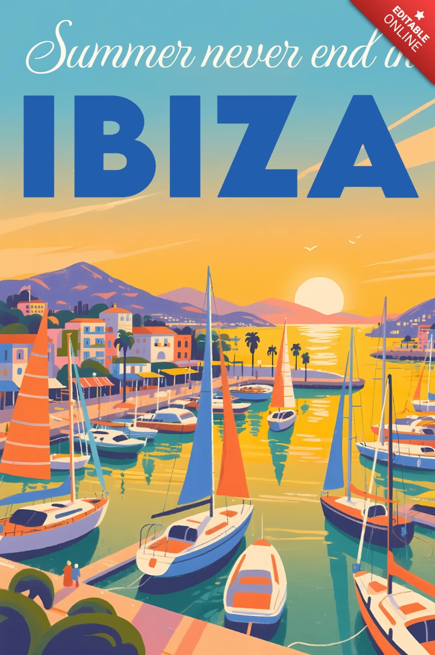 Vibrant Ibiza Marina Sunset Design for Travel Posters Template