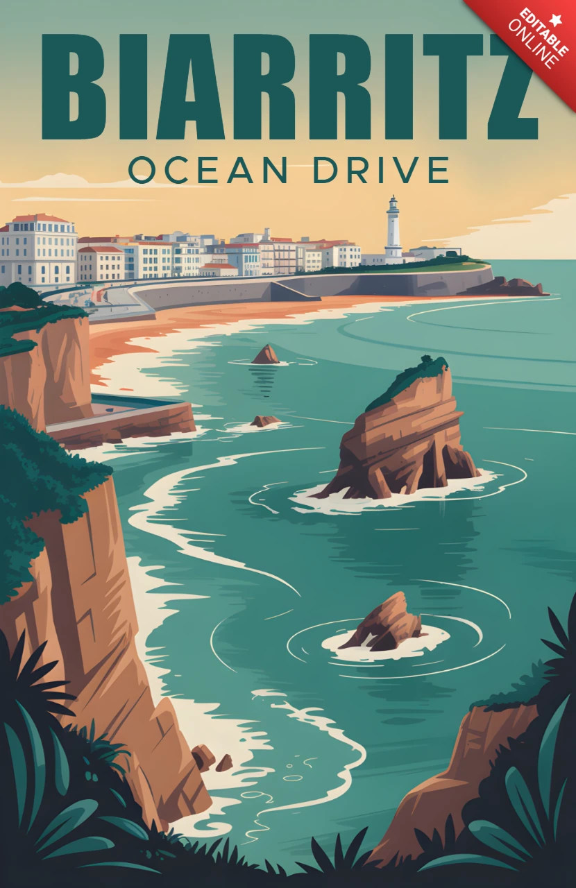 Modelo de design vintage Biarritz Ocean Drive para pôsteres de viagem
