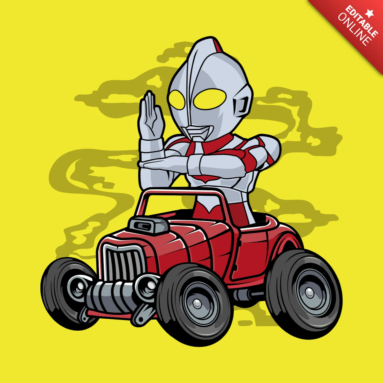 Ultraman Hot Rod Comic Caricature Pop Culture T-Shirt Design Template