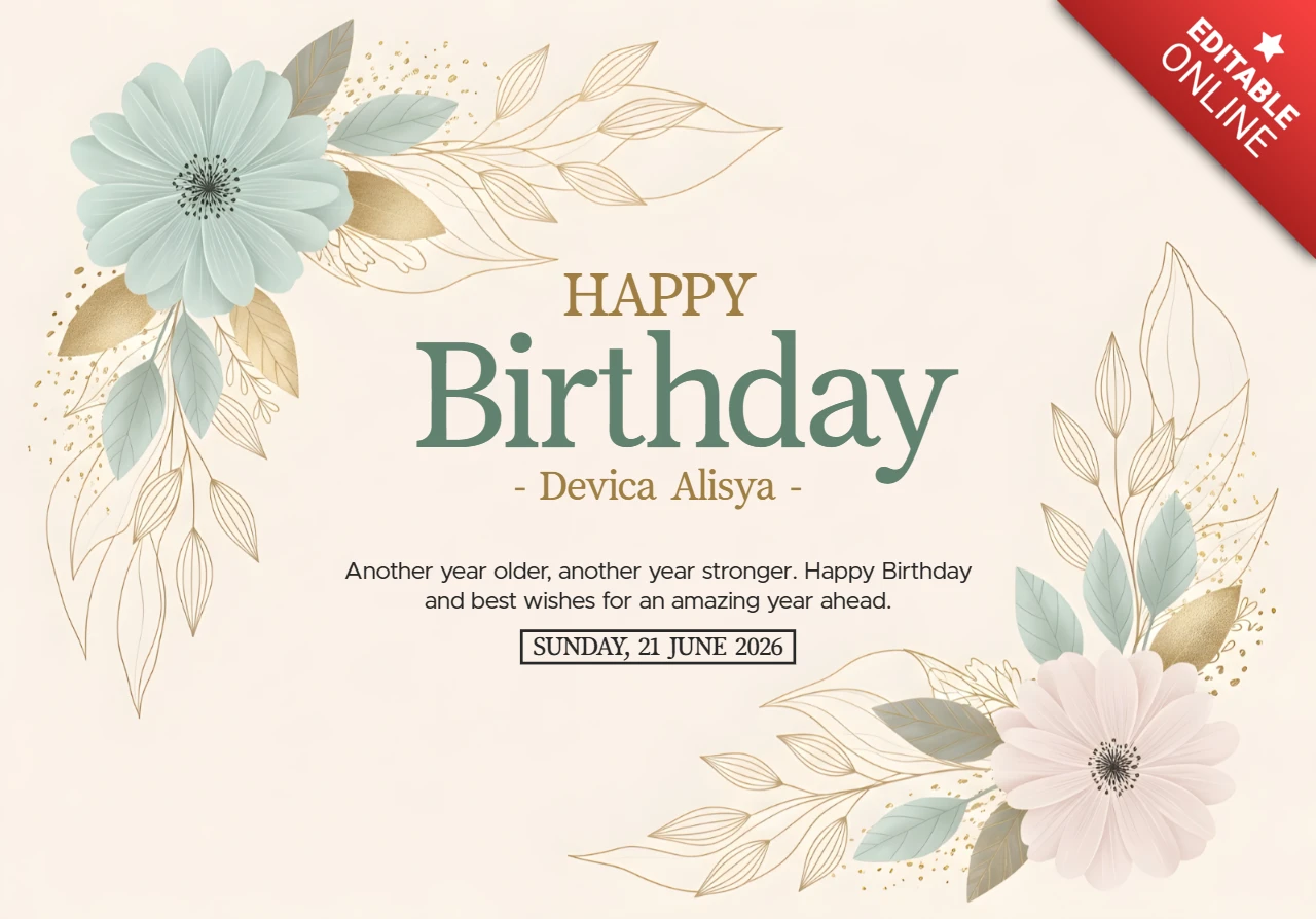 Plantilla de diseño de tarjeta de cumpleaños floral con flores y hojas elegantes