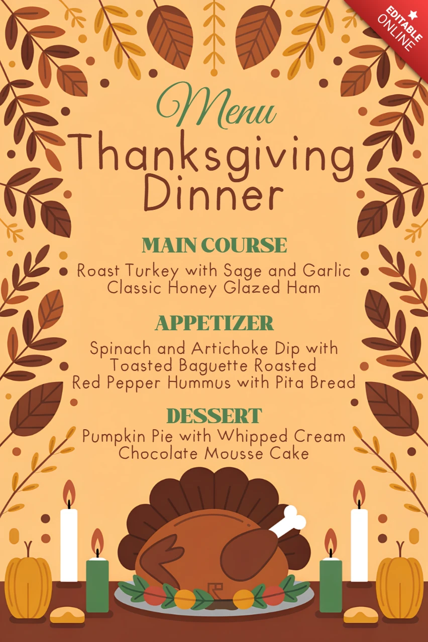 Modèle de menu de dîner de Thanksgiving avec dinde et feuilles d'automne pour les célébrations