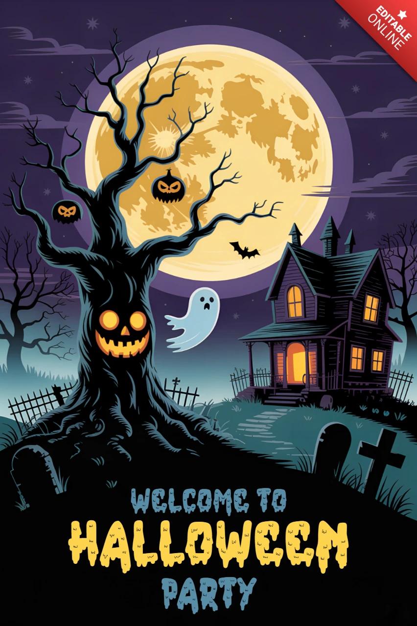 Template de design de festa de Halloween assustadora com casa assombrada e árvore sinistra