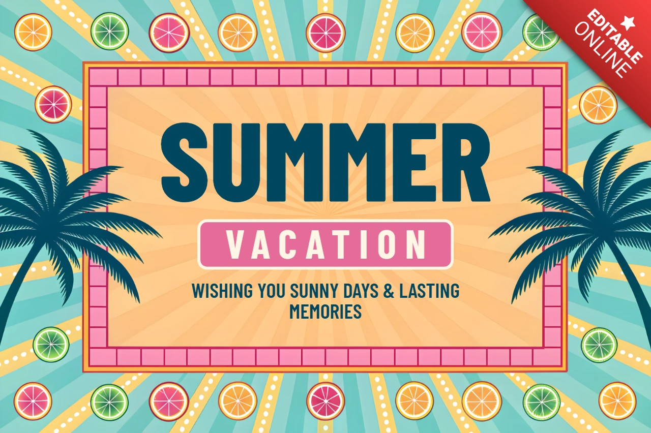 Summer Vacation Design Template with Palm Trees and Citrus Fruits