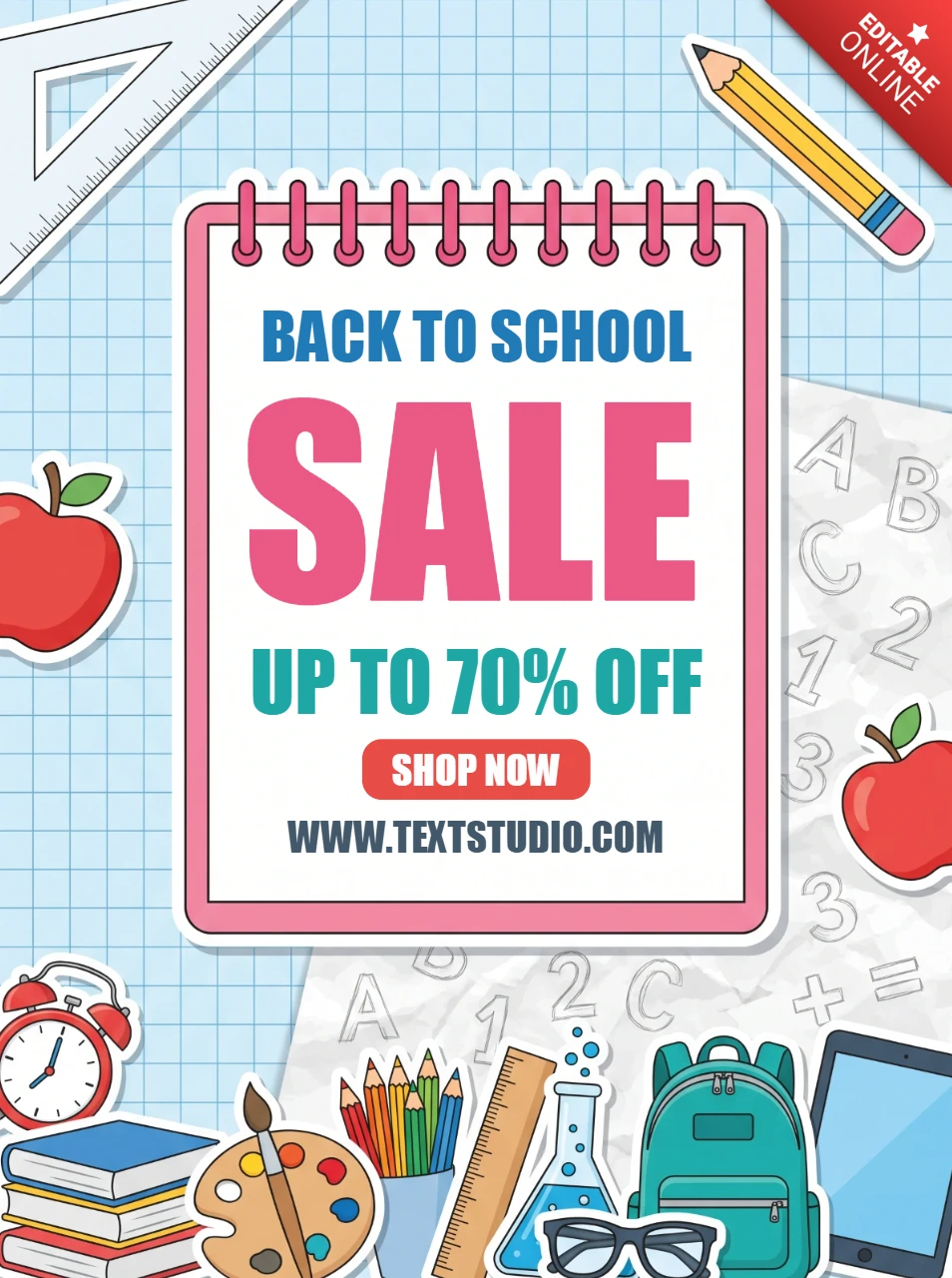 Back to school sale flyer with notebook and colorful education supplies