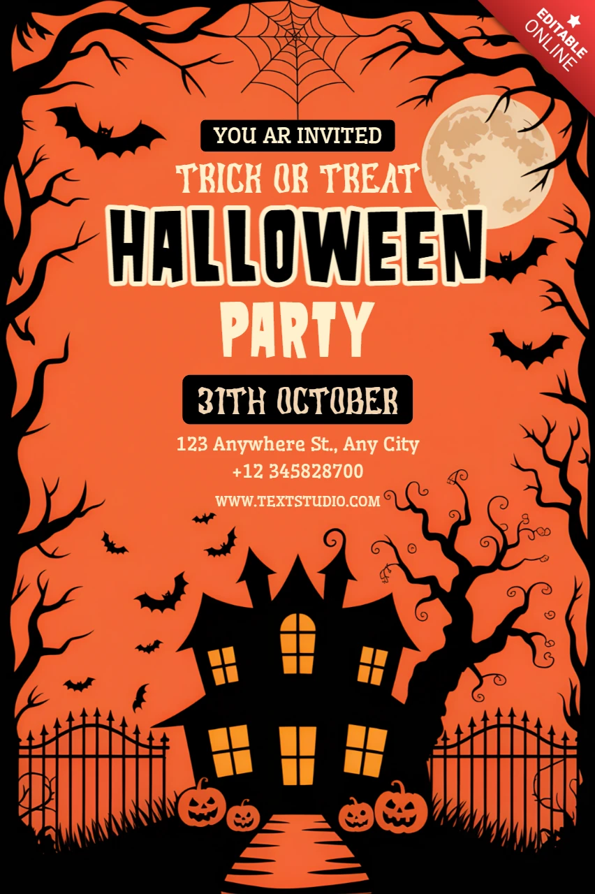 Modelo de convite para festa de Halloween assustadora com design de casa assombrada