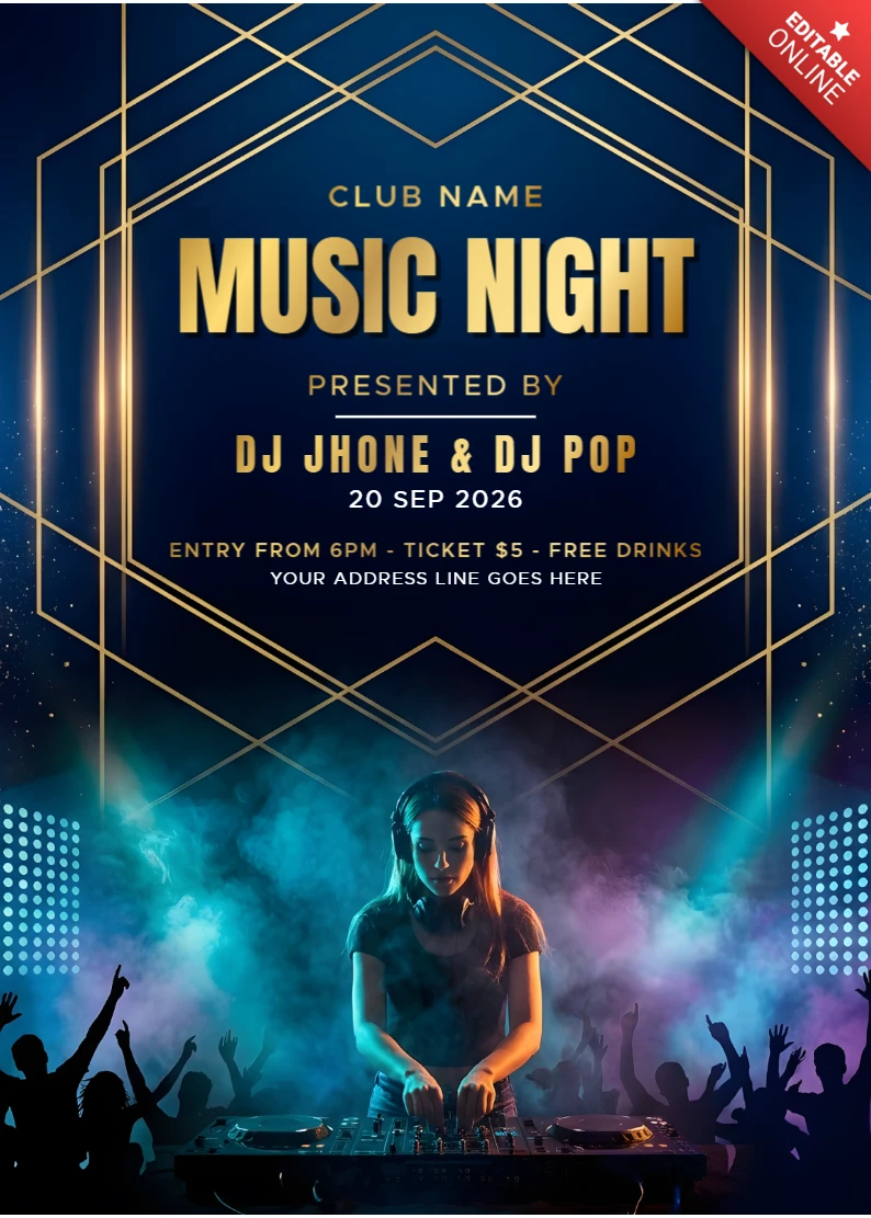 Luxury DJ Music Night Party Flyer Template with Gold Geometric Frame, Club Event and Concert Stage Lights