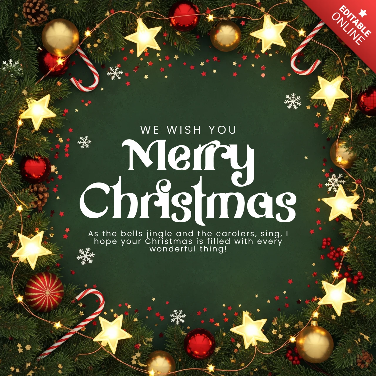 Holiday Card Dark Green Background with Glowing Garland and Snowflakes Surrounding Merry Christmas Greeting Design Template