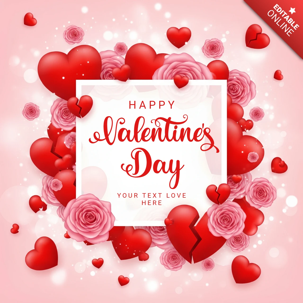 Valentine’s Greeting Card Romantic Heart Frame with Custom Text and Rose Petals