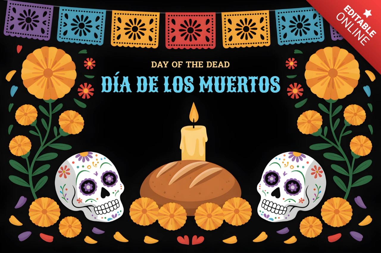 Plantilla de diseño para el Día de los Muertos para carteles festivos con calaveras y cempasúchil.