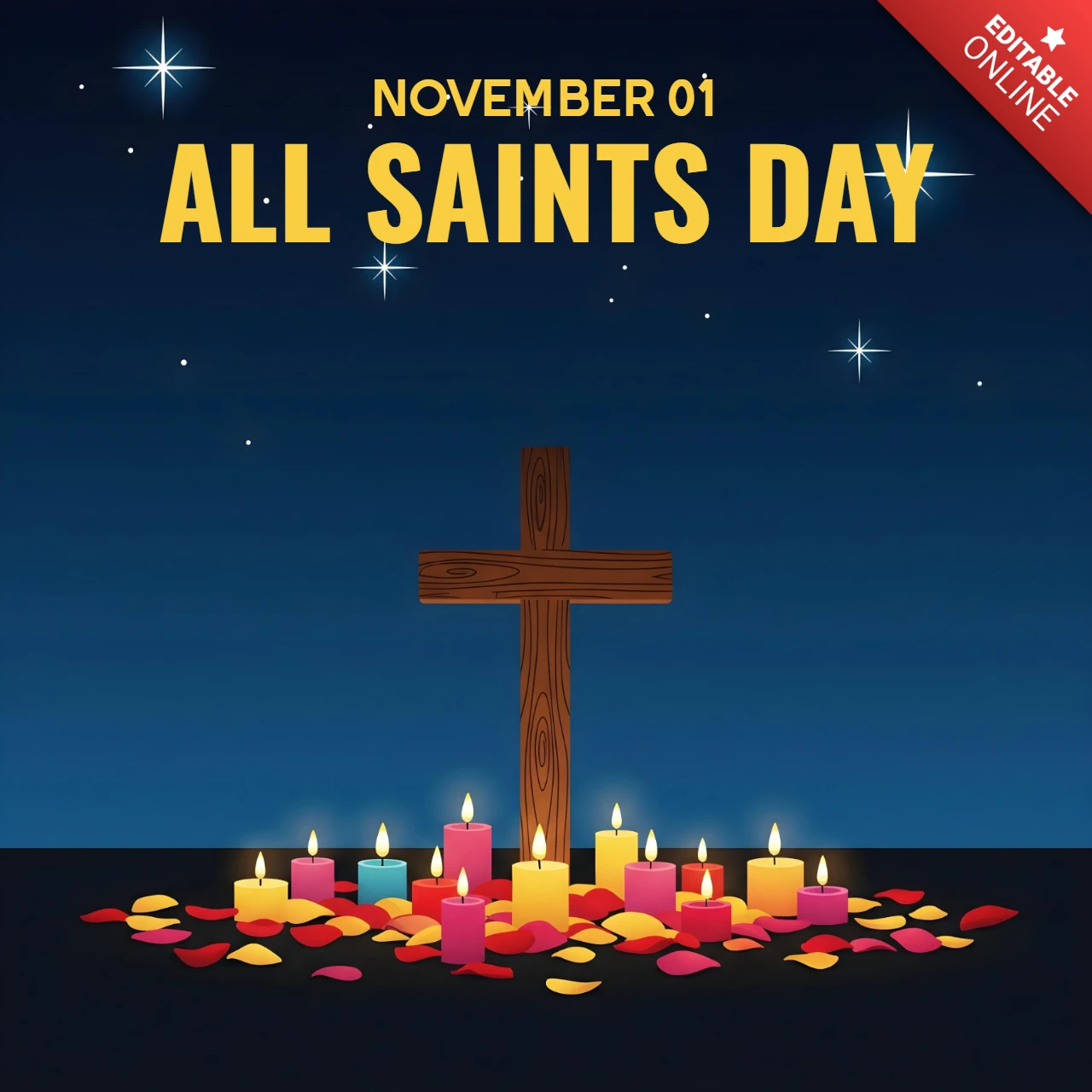 Cruz de madera con velas coloridas y pétalos bajo un cielo estrellado, plantilla para el diseño de tarjetas de felicitación del Día de Todos los Santos.