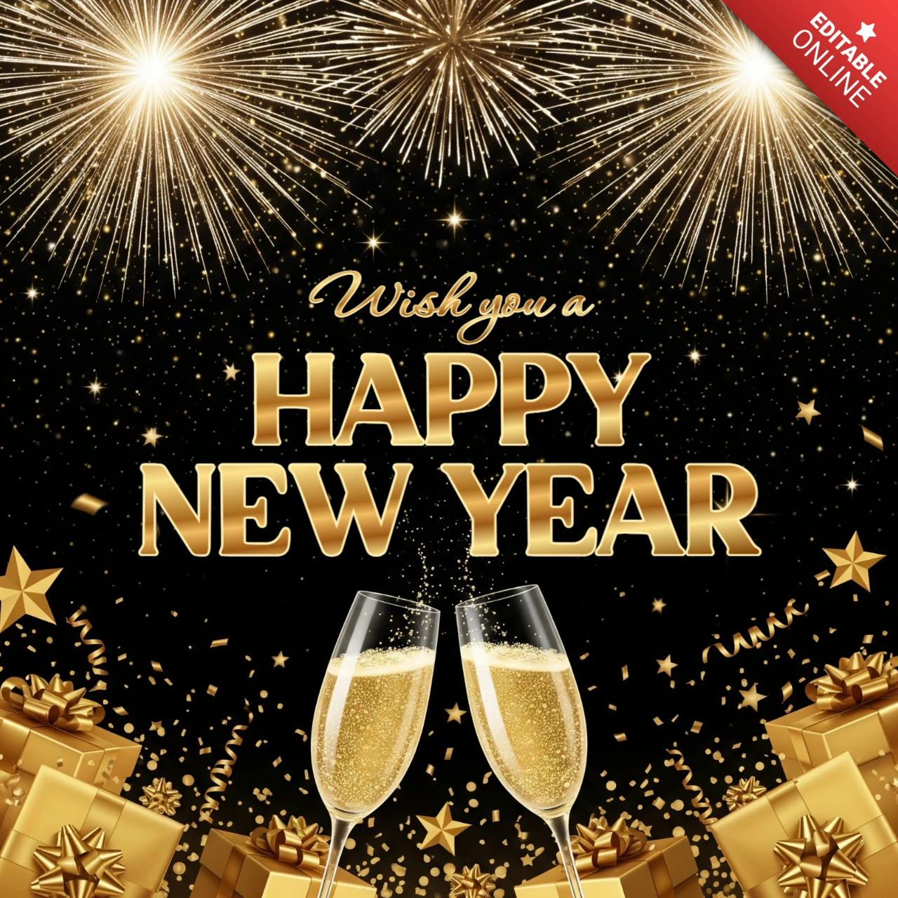 New Year 2026 Card Festive Layout with Champagne Clink, Firework Burst, and Golden Accents