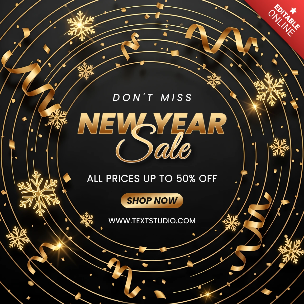 Elegantes Neujahrsverkaufsdesign-Template mit goldenen Konfetti und Schneeflocken für Werbeflyer