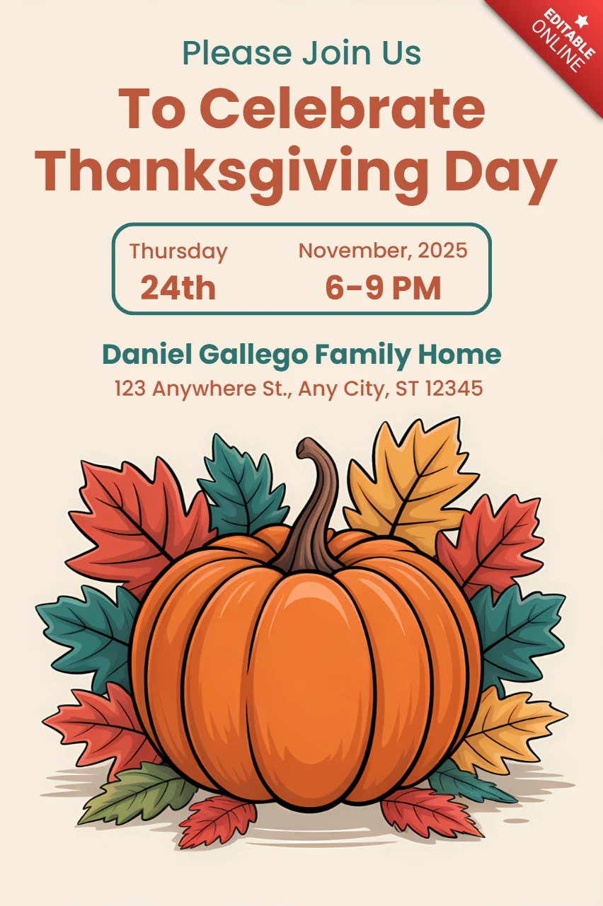 Einladungsvorlage für Thanksgiving mit Kürbis und Herbstlaub-Design