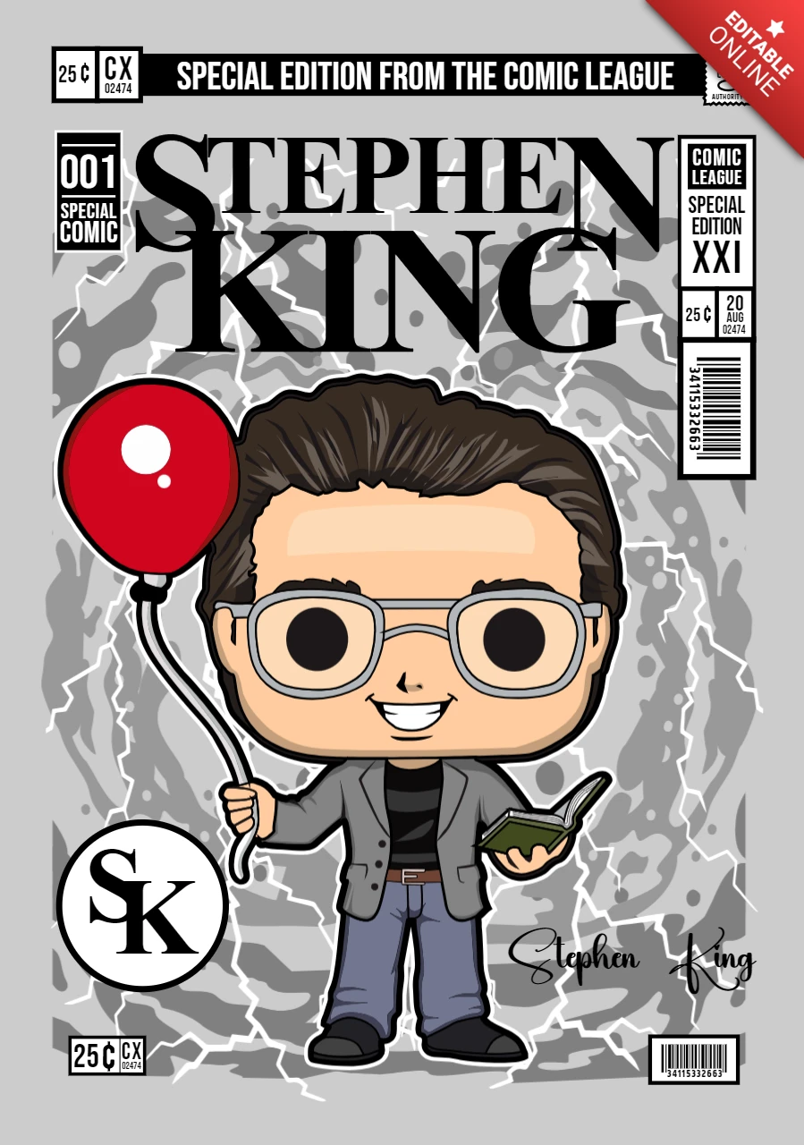 Stephen king personaje de dibujos animados plantilla de diseño de portada de revista