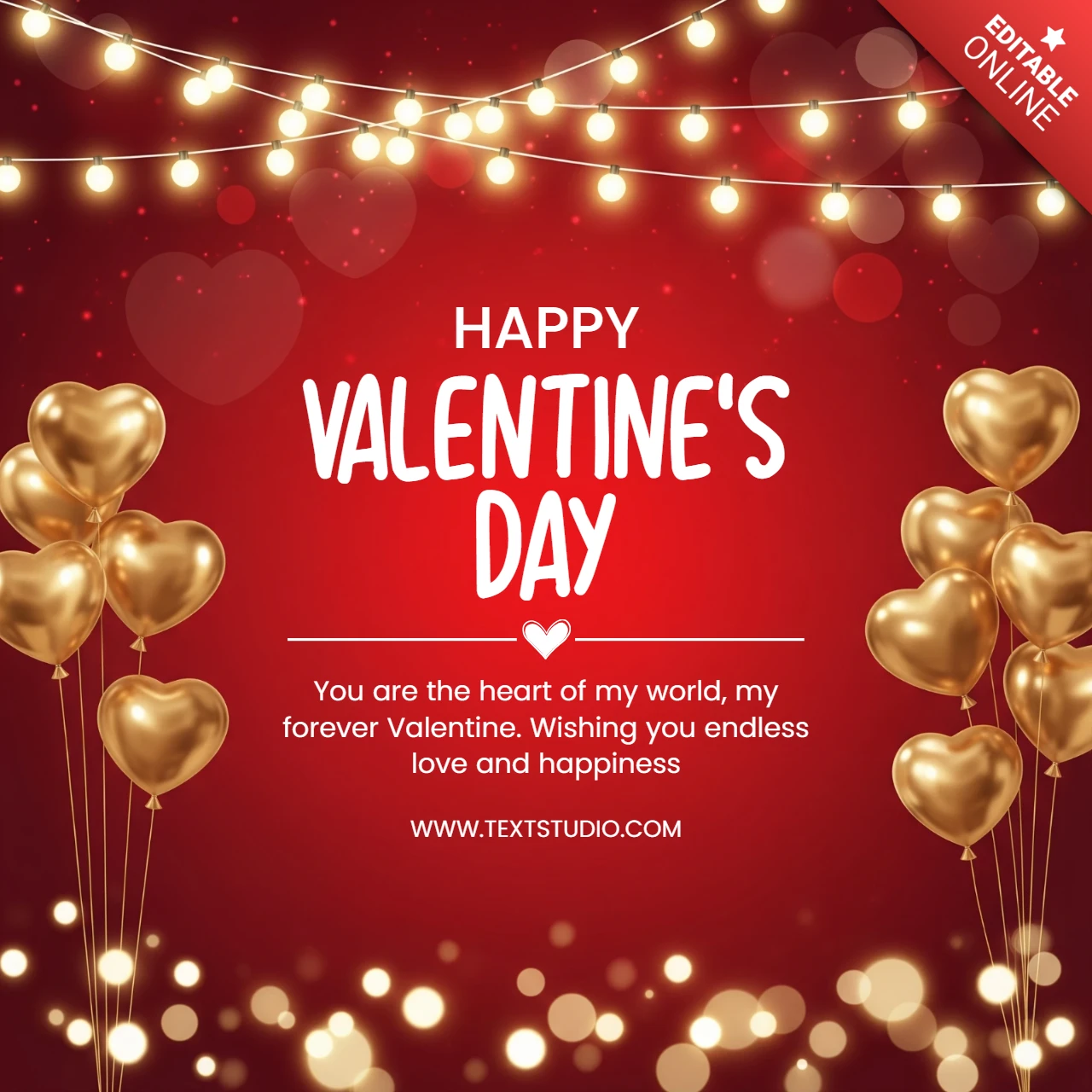 Fondo festivo de día de San Valentín con brillo bokeh, globos en forma de corazón dorados y luces de celebración.