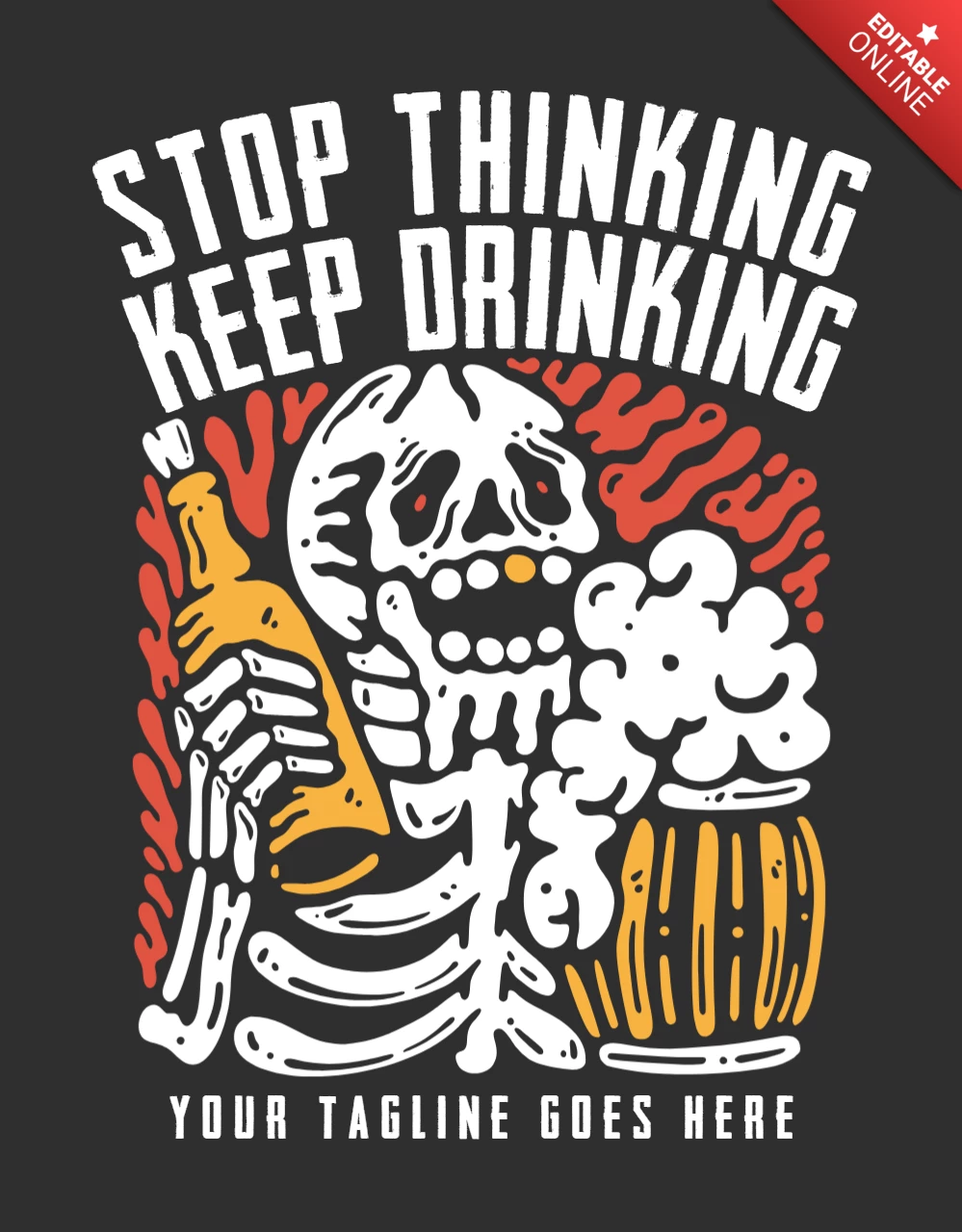 Esqueleto sorridente segurando modelo de design de camiseta vintage de cerveja