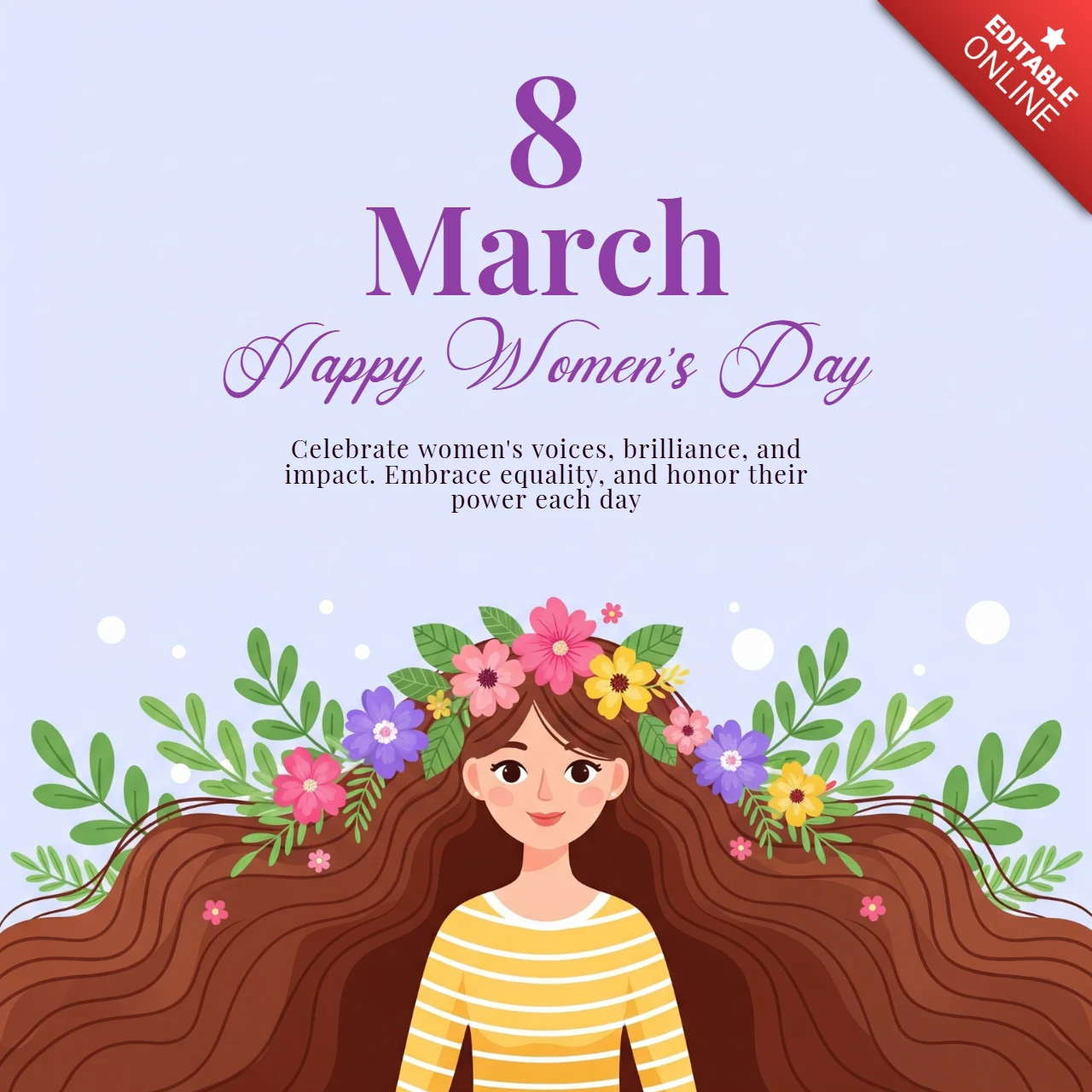 Internationale vrouwendag posterontwerp met vrouwenillustratie, bloemenkrans en lichtpaarse achtergrond