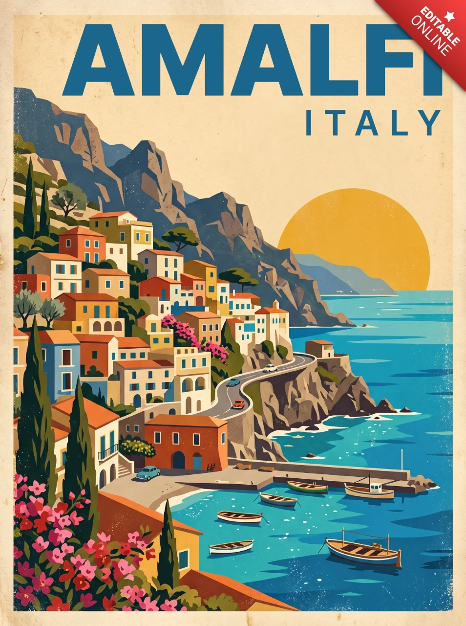 Amalfi Italien Mittelmeerküste Vintage Retro Reiseposter Dramatische Klippen Bunte Gebäude Boote Sonnenuntergang Ozean Design
