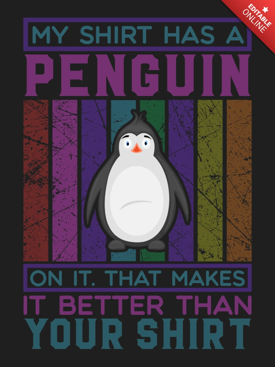 Playful Penguin T-Shirt Design Template with Colorful Stripes