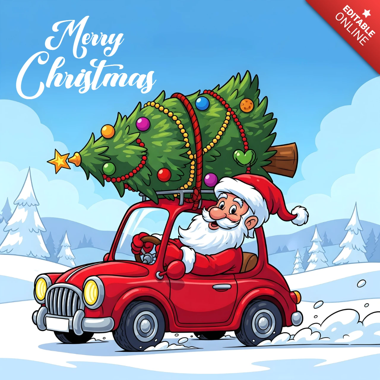 Frohe Weihnachten, Santa's Baumlieferung in verschneiten Hügeln mit Ornamenten und Rentier-Silhouetten Plakatdesign-Vorlage