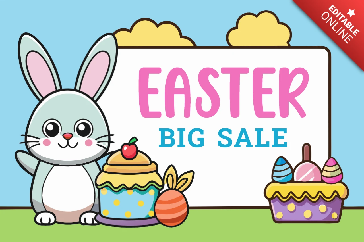 Colorful Easter Sale Design Template with Cute Bunny and Festive Treats