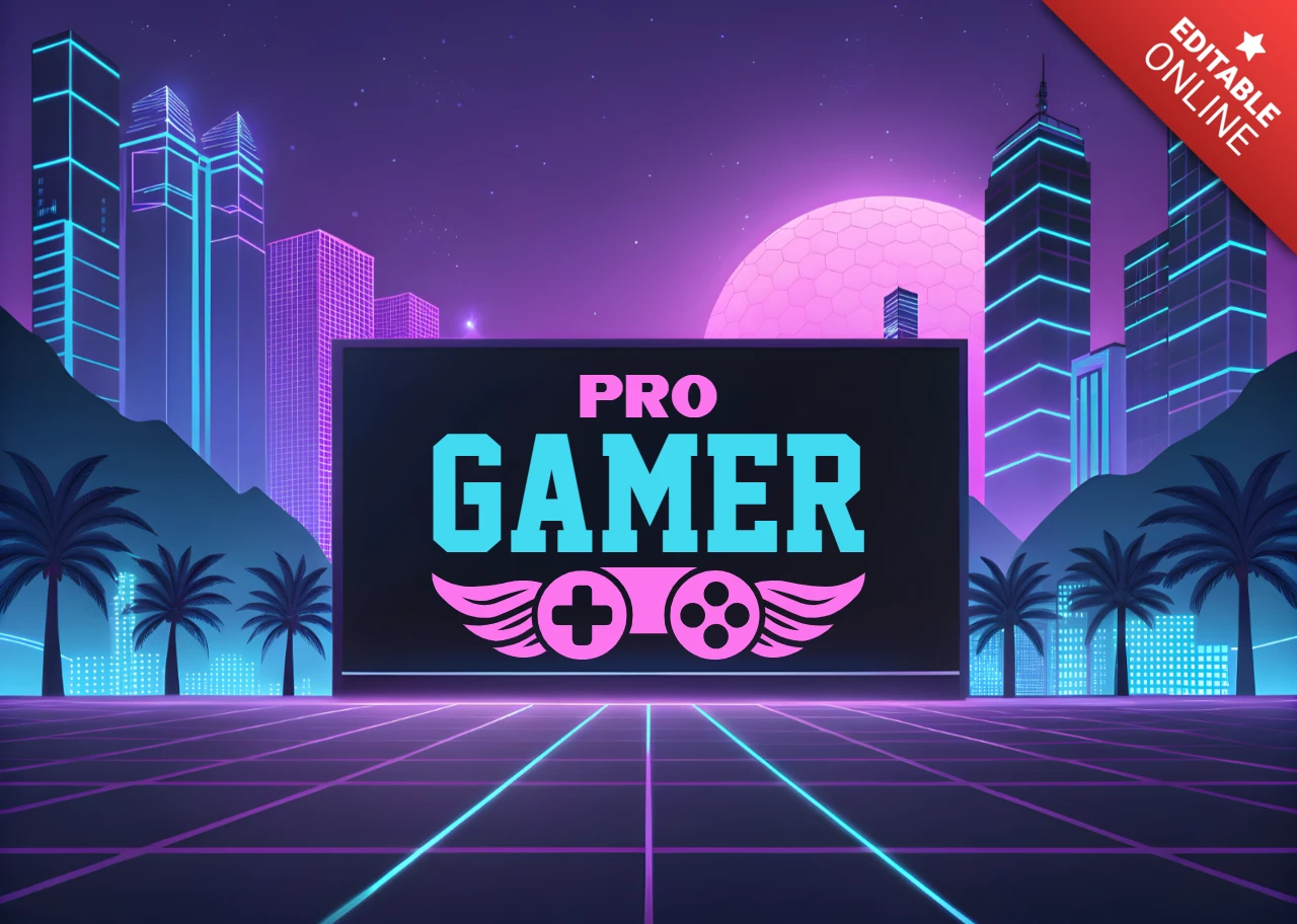 Retrowave Neon Gamer Design Template with City Skyline and Game Controllers