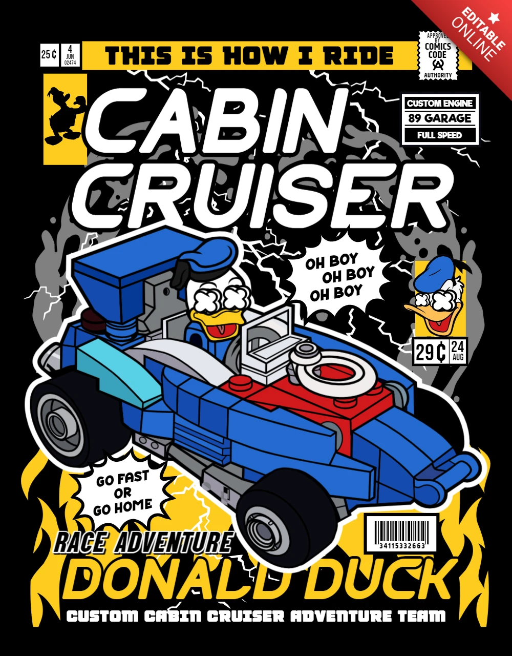 Donald cabin cruiser personaje de dibujos animados plantilla de diseño de portada de revista