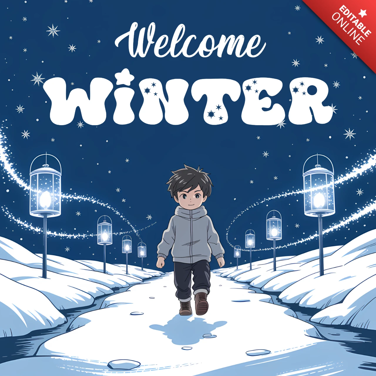 Winterwunderland-Designvorlage für Grußkarten mit einem Jungen in einer verschneiten Landschaft