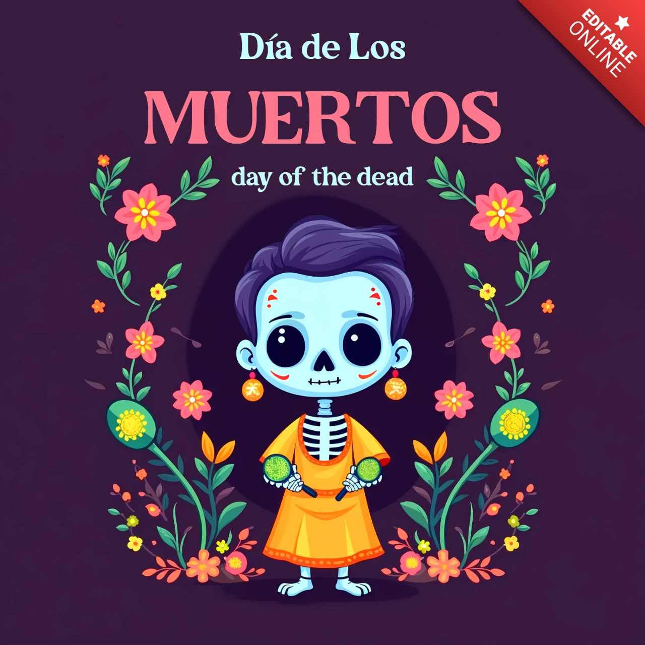 Day of the Dead Design Template with Skeleton Character and Floral Elements for Greeting Cards