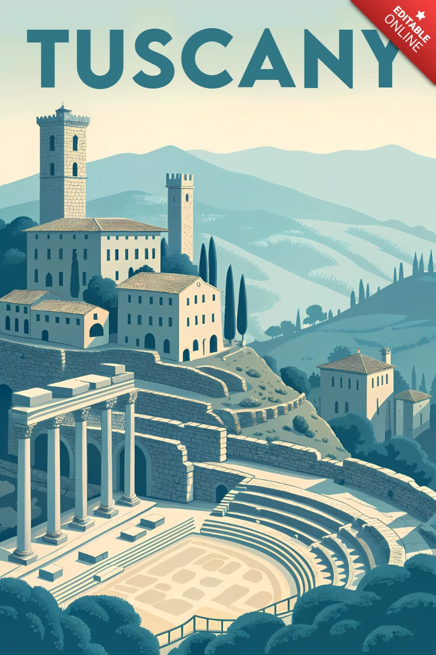 Illustrationsdesign-Vorlage für Reiseposter mit toskanischer Landschaft
