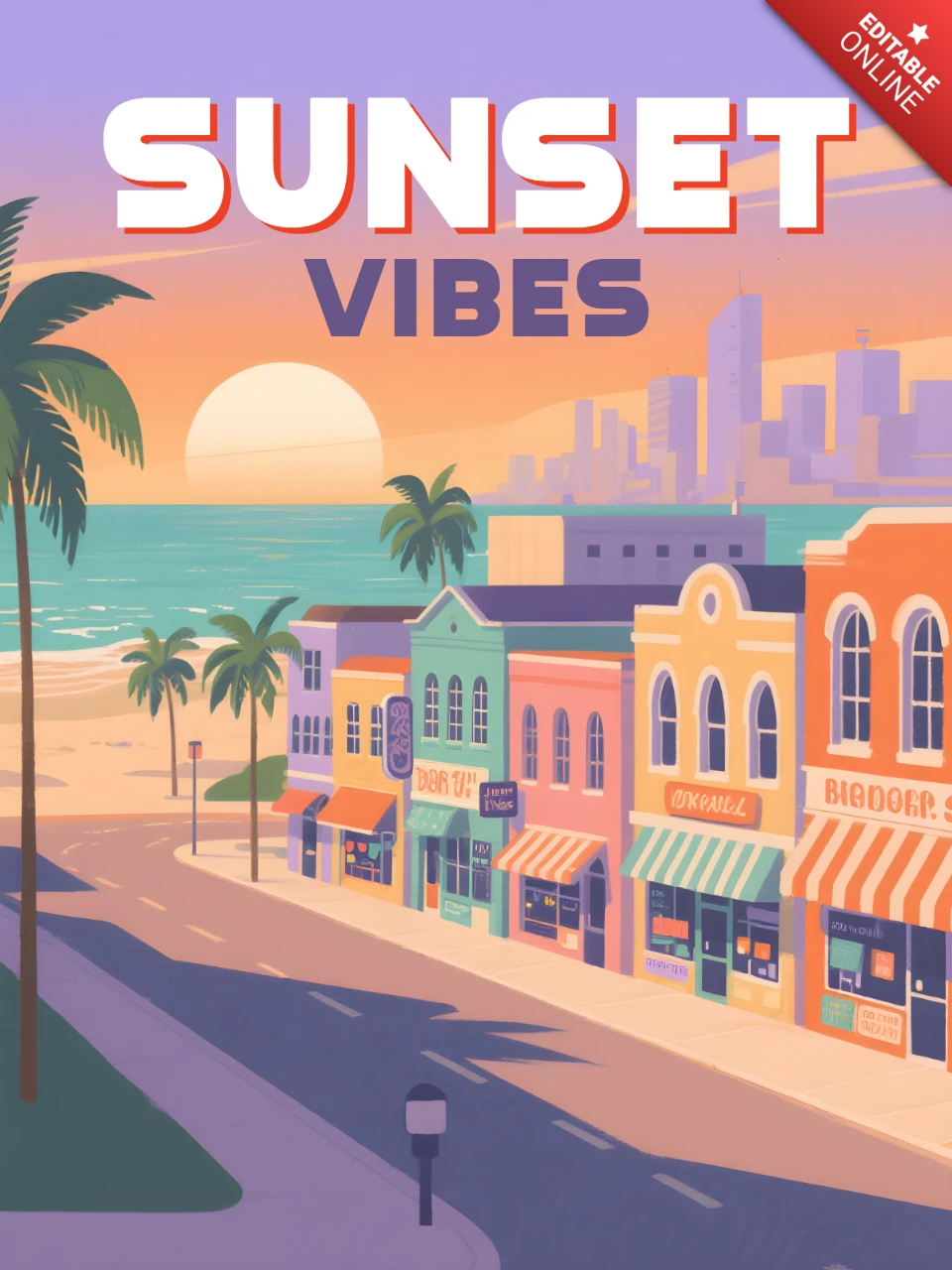 Sunset Vibes and Colorful Facades Design for Retro Flat Posters Template