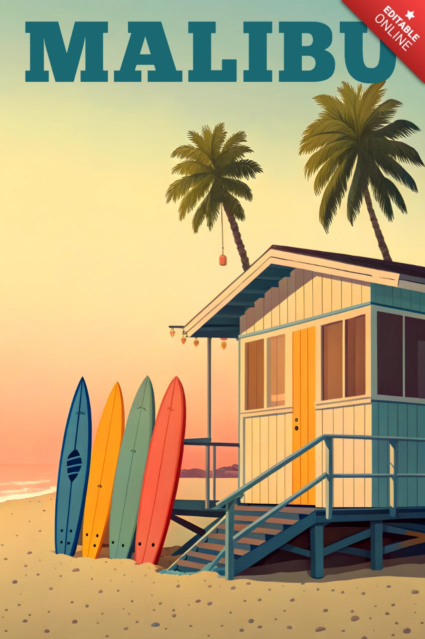 Retro Beach House Design Template with Surfboards for Summer Posters