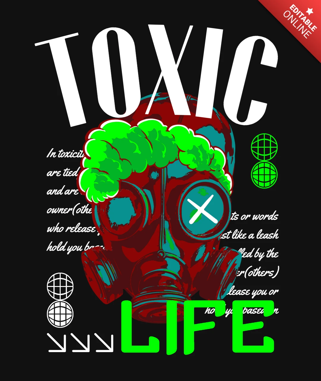 Toxische Lebensgasmaske mit Gehirnsymbol und Zitat zur gesellschaftlichen Kontrolle T-Shirt-Designvorlage
