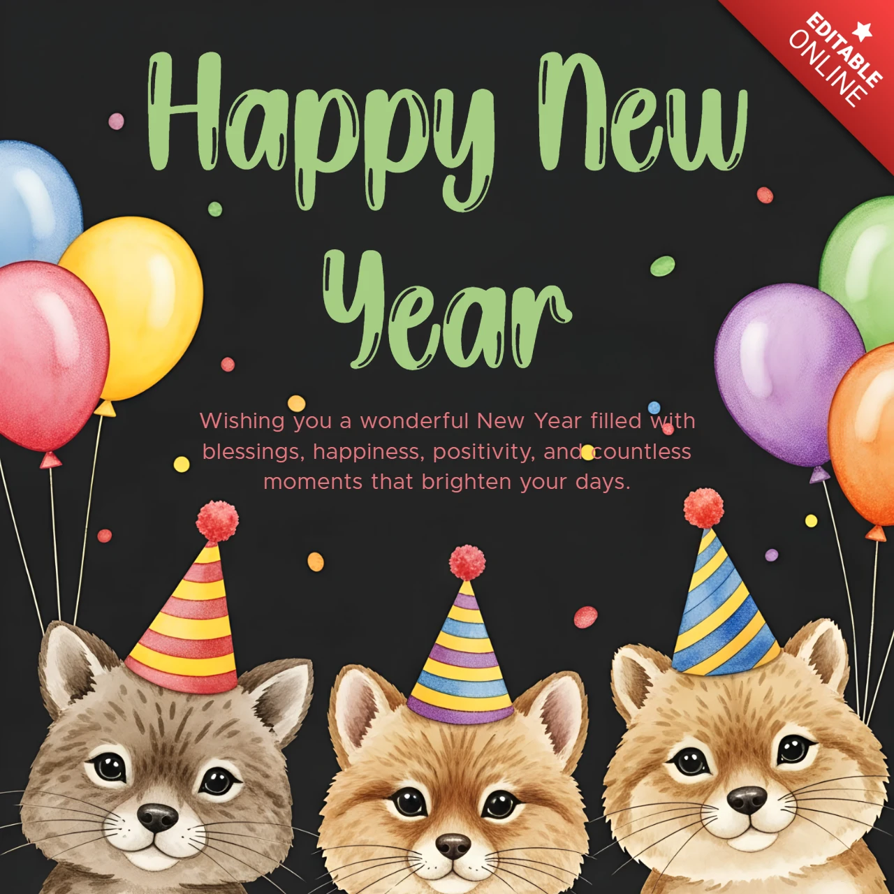 Happy New Year Animal Design Template for Festive Greeting Cards