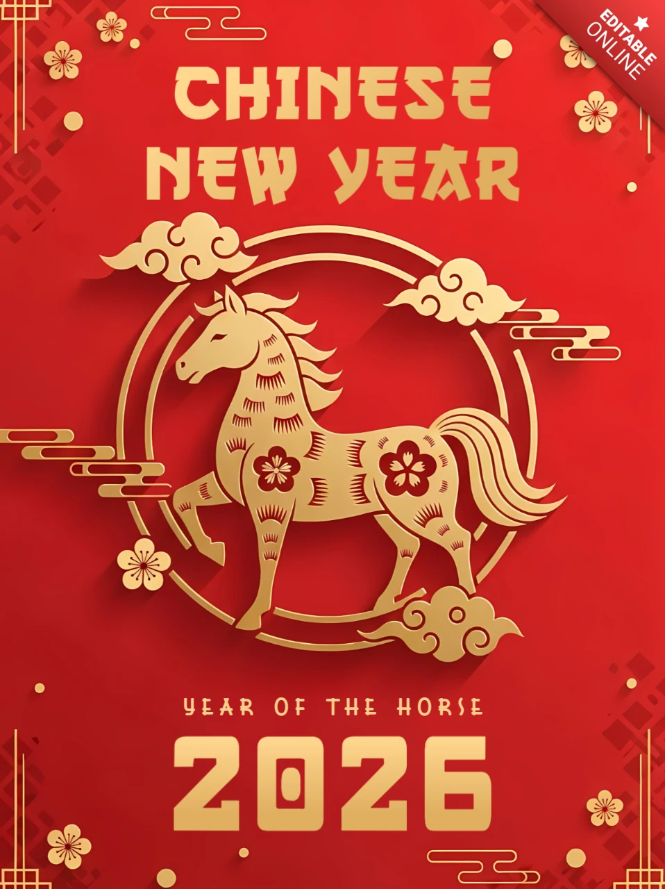 Chinesisches Neujahr Pferde-Designvorlage für festliche Grußkarten 2026
