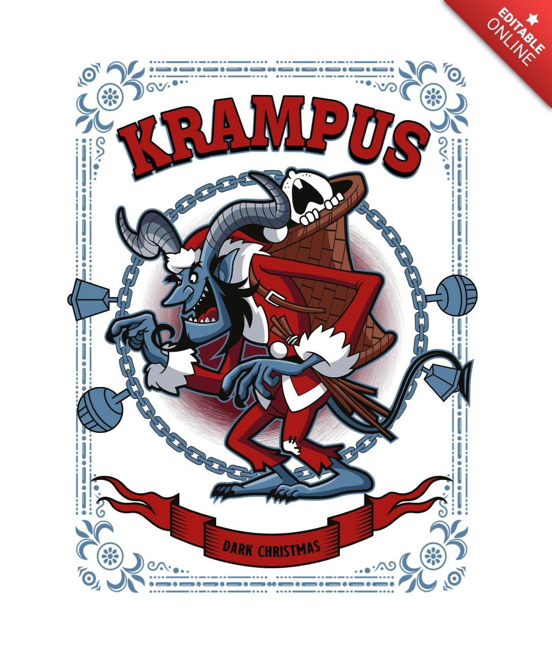 Krampus navidad oscura dibujos animados plantilla de diseño de camiseta