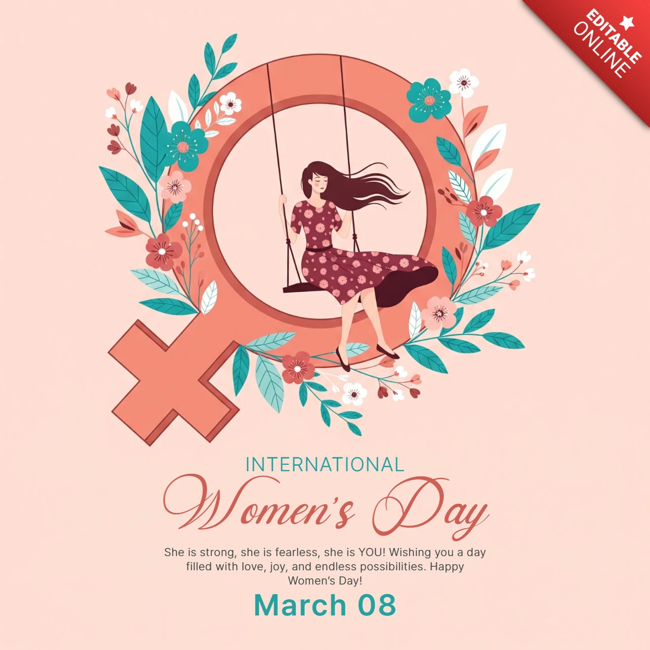 Gelukkige internationale vrouwendag poster template met vrouw op schommel, Venus-symbool en inspirerende quote