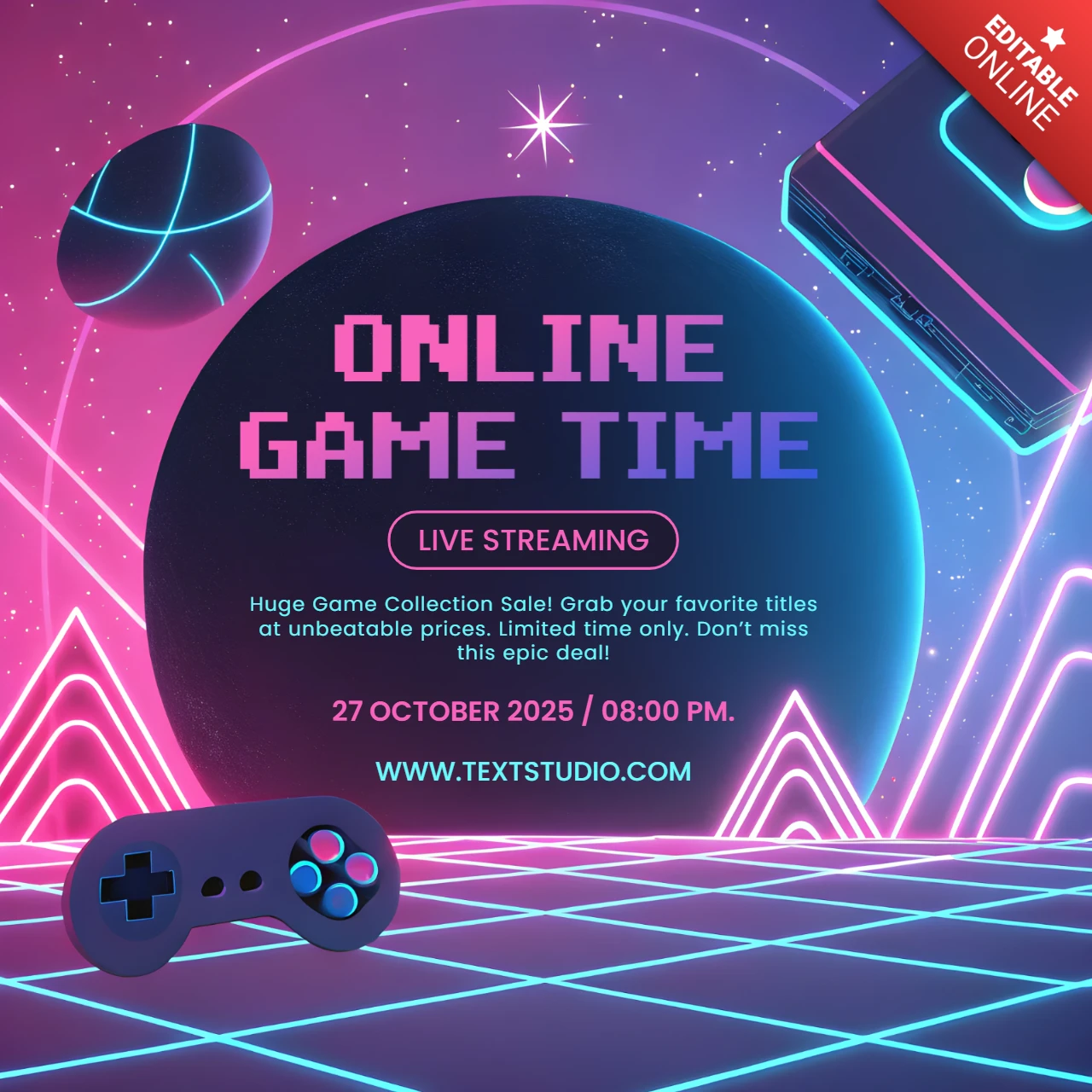 Modèle de jeu rétro avec design néon pour des événements de streaming en direct
