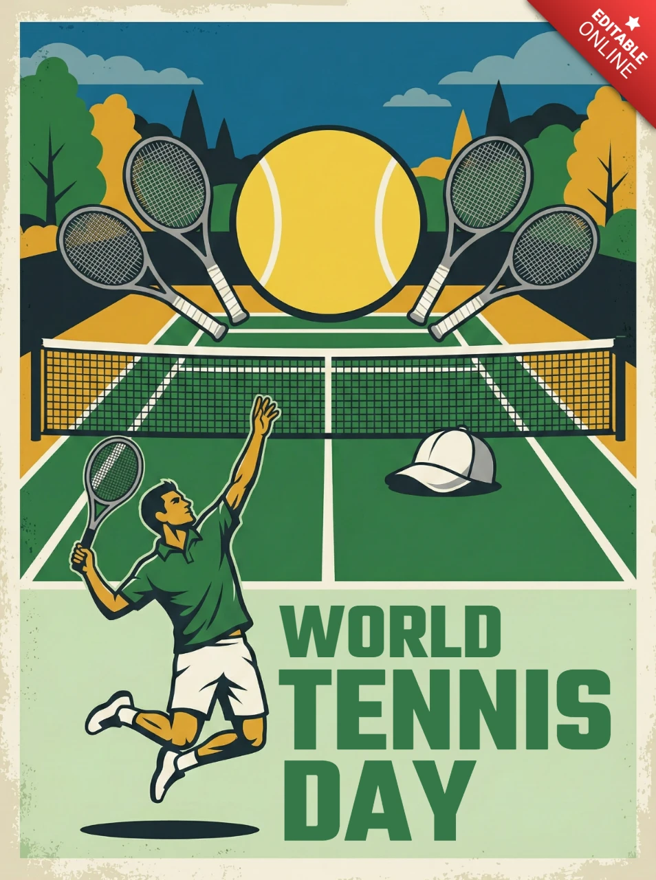 Celebre o dia mundial do tênis com um design de pôster esportivo apresentando jogadores e raquetes.