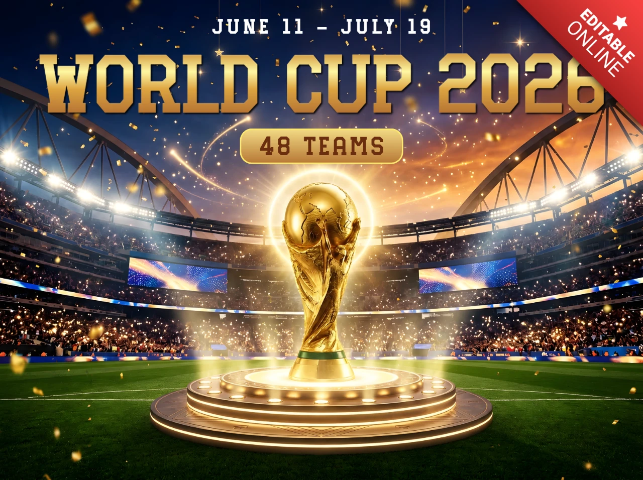 Póster oficial de estilo de la Copa Mundial de la FIFA 2026 con trofeo dorado, estadio de fútbol y gloria del campeonato