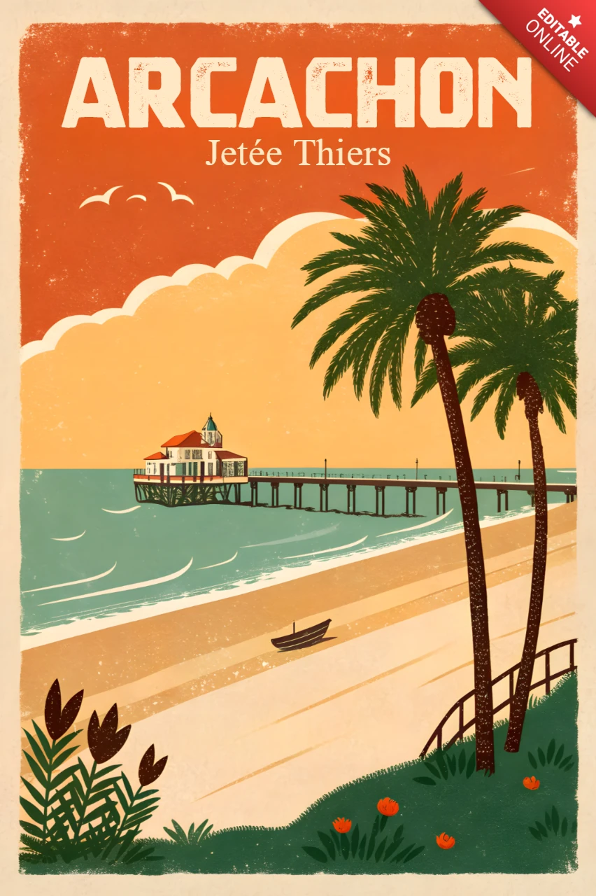 Vintage Arcachon Stranddesign-Vorlage mit Palmen für Reiseposter