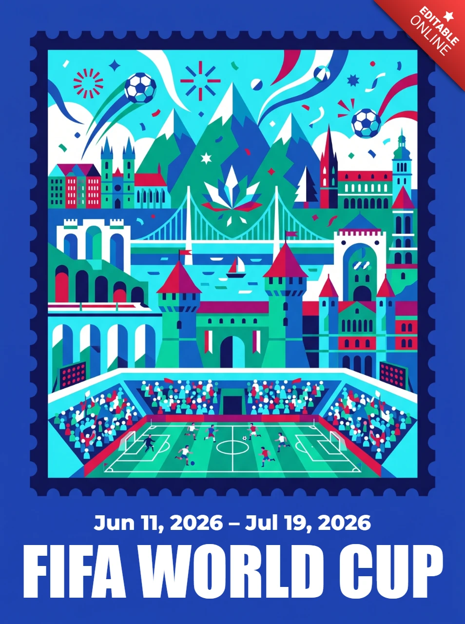 Officiële poster van het WK voetbal 2026 met bezienswaardigheden van Mexico, de VS en Canada, voetbalfans en viering