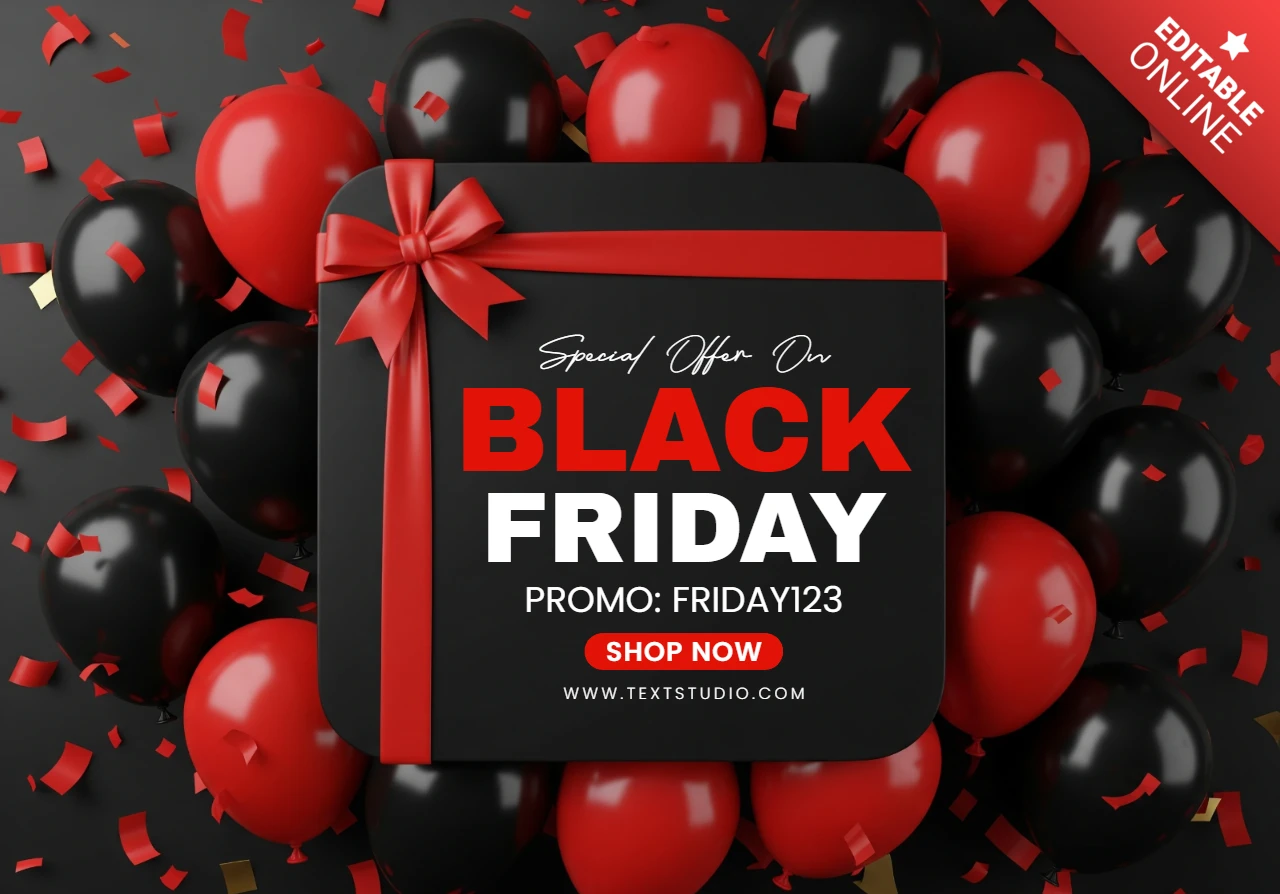 Bold Black Friday Marketing Poster Celebration Layout with Ribboned Centerpiece and Promotional Message Sale Design Template for Promotional