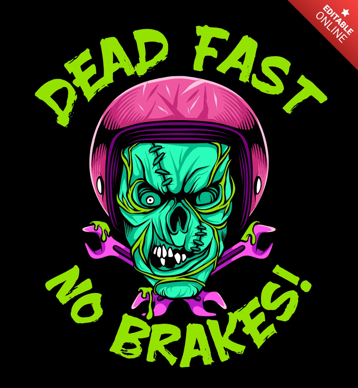 Conception de t-shirt de coureur zombie à fond perdu sans freins avec casque de mech punk et clés croisées