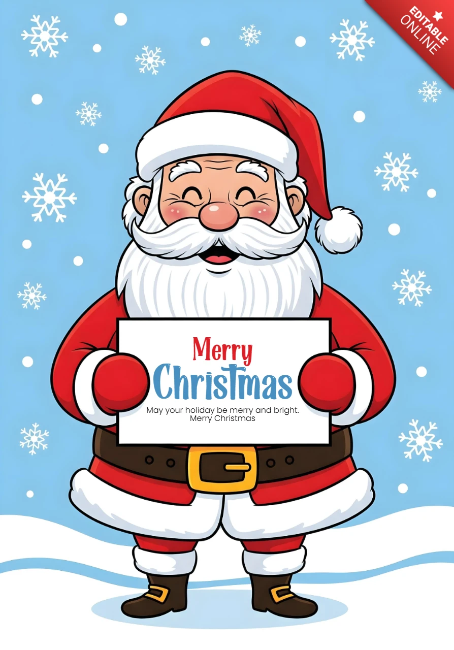 Frohe Weihnachten Plakat Santa mit festlichem Schild in einer verschneiten Szene mit Feiertagsgruß und Schneeflocken-Designvorlage