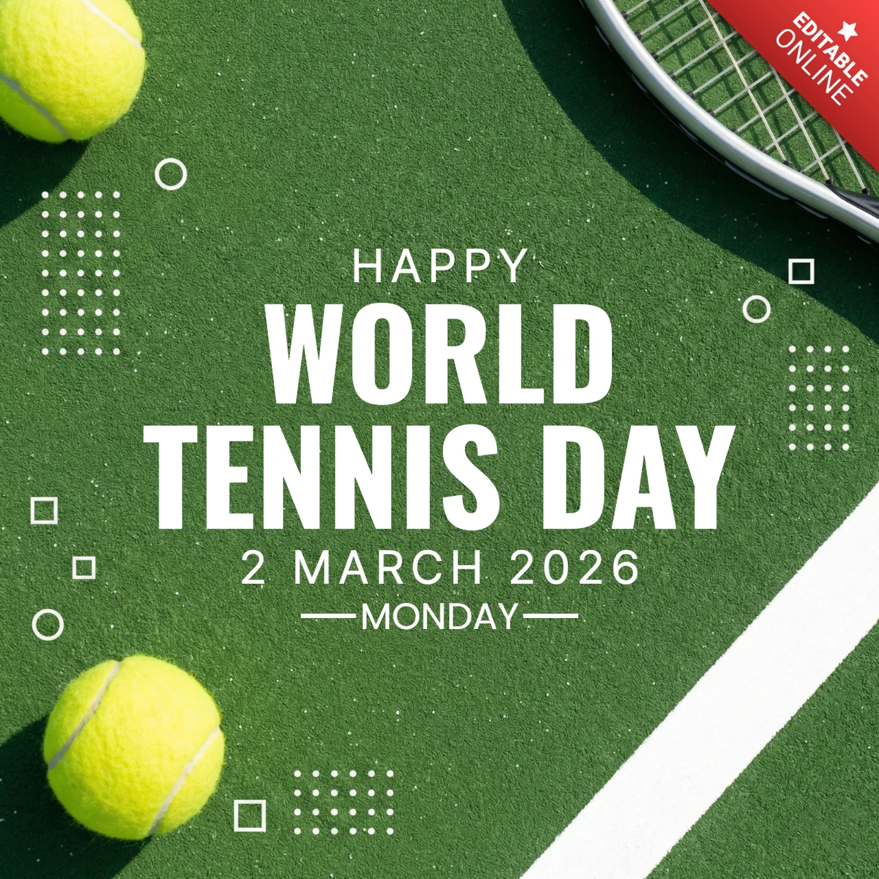 Wereldtennisdag 2026 poster met tennisracket en ballen op groene baan
